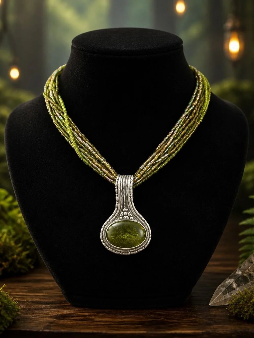 Handcrafted Green Beaded Pendant Necklace by